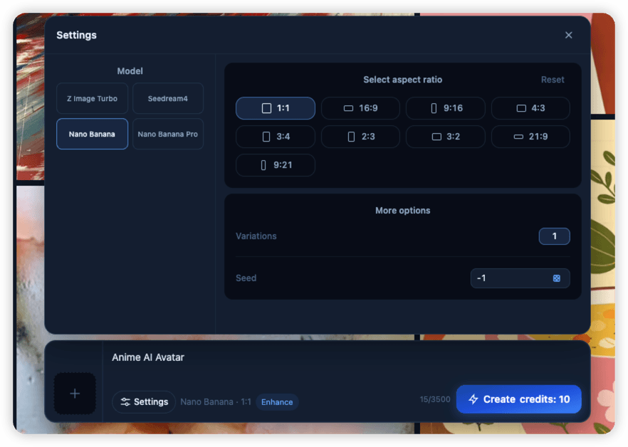 AI avatar generation preview and generate button