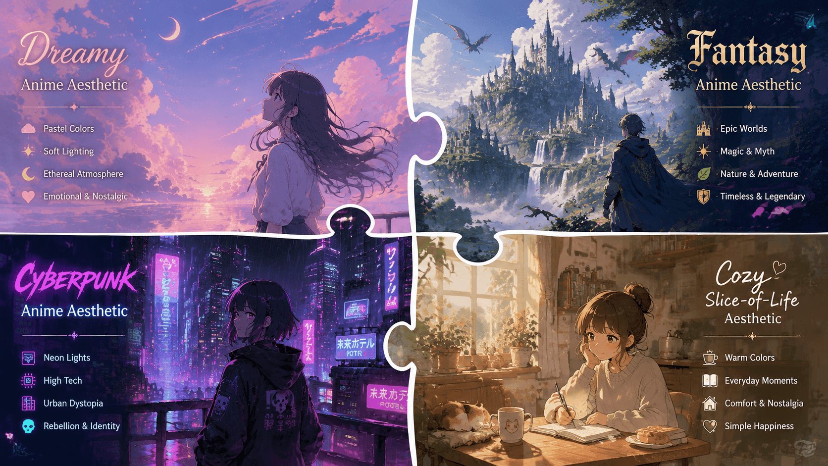 Common anime aesthetic styles illustration with vibrant mood and atmosphere