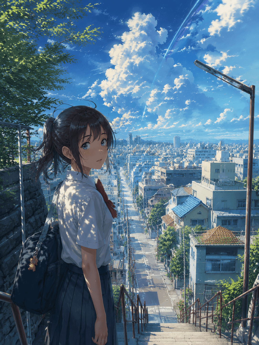 Makoto Shinkai style anime art with dramatic skies and cityscapes