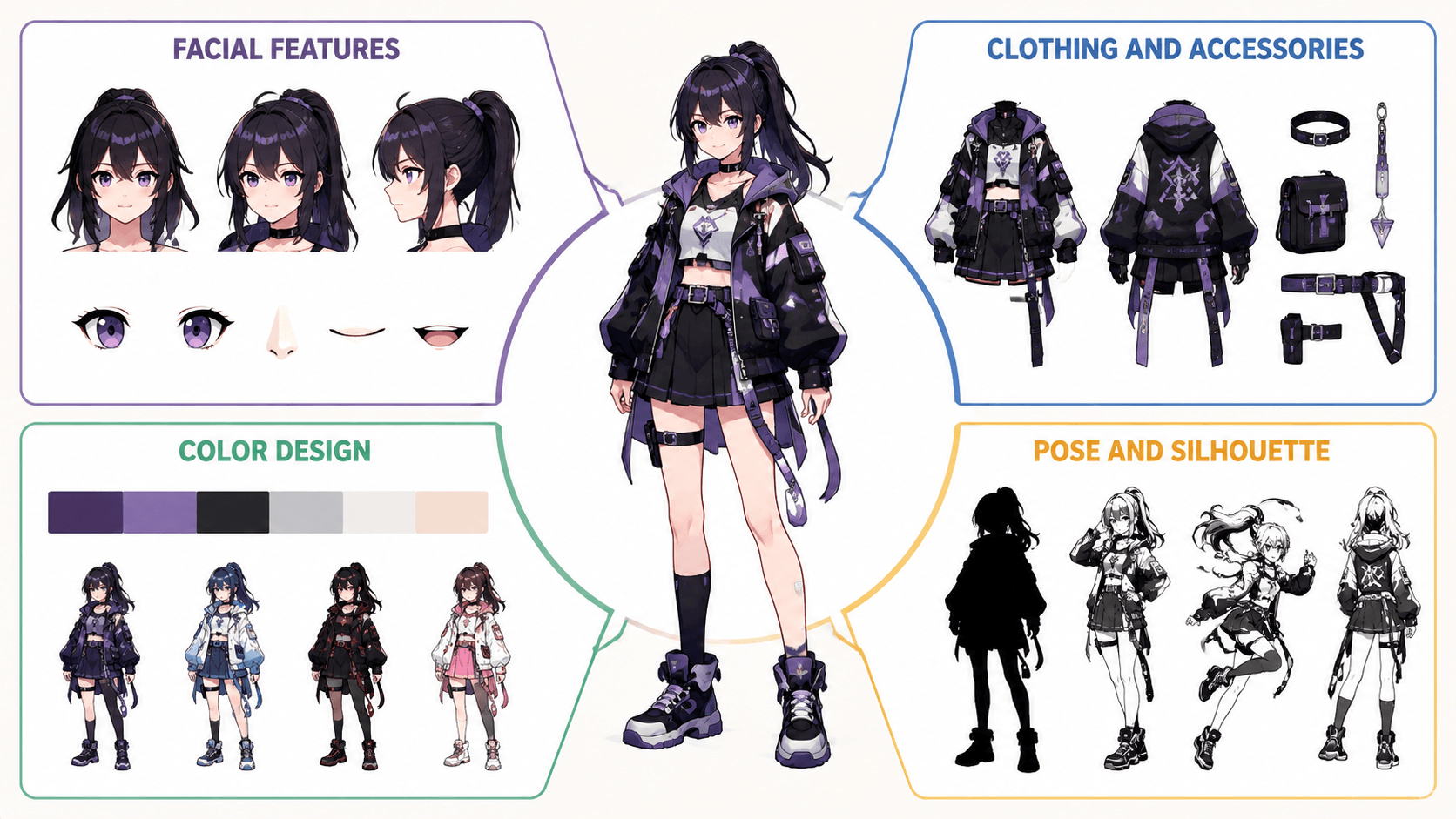 Anime character design illustration with expressive features and dynamic styling